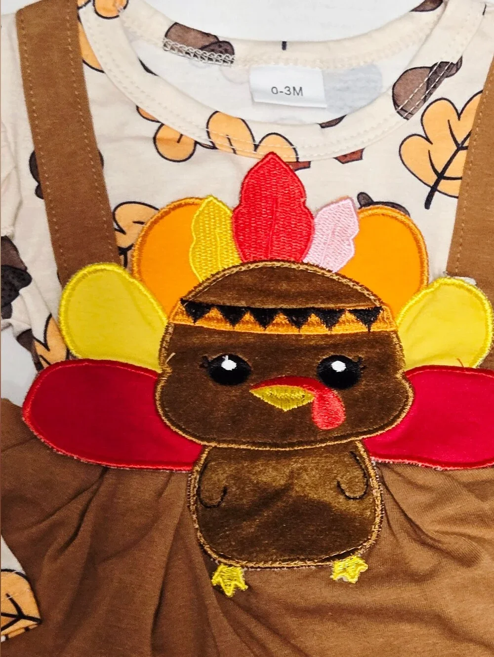 Baby Girl Thanksgiving Turkey Romper Dress 0-3M Fall Leaves Acorn Long Sleeve NW